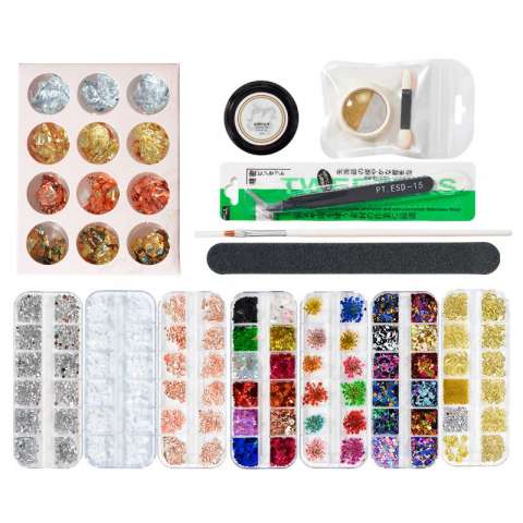 8 Box Nail Art Jewelry Set Nail Art Sequins Rivet Dried Flower Pearl Foil Paper Set with file tweezers Dotting Pen Liner Brush